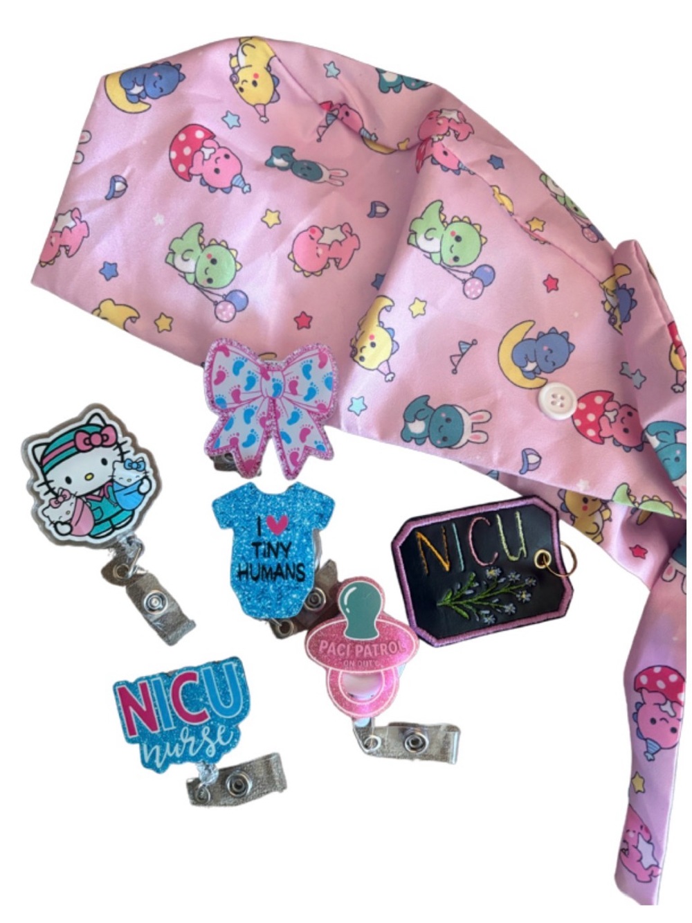 NURSE- Pink NICU Scrub Cap with Cute Animal Print & Badge reel lot